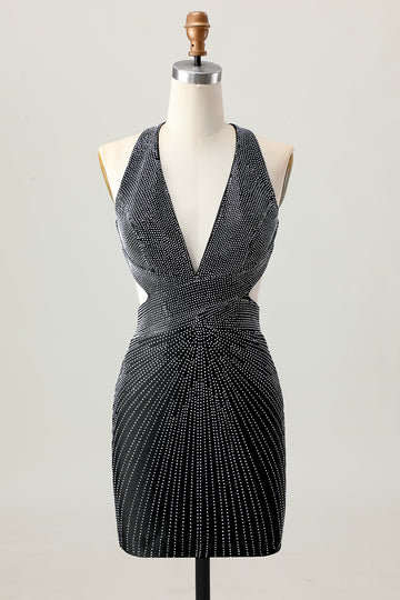Halter Beaded Bodycon Black Homecoming Dress